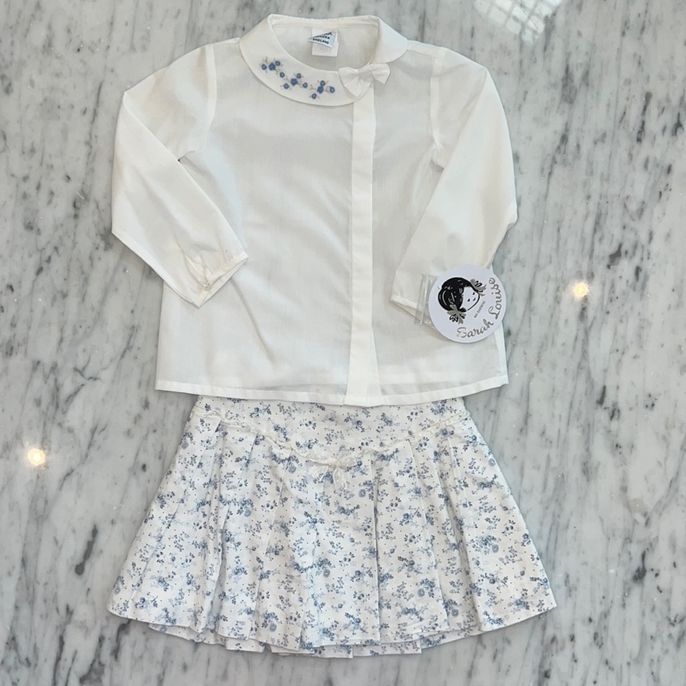New Sarah Louise Girls Blue and Cream Skirt and Embroidered Blouse Set